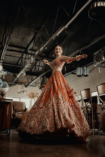 burnt orange bridal lehenga